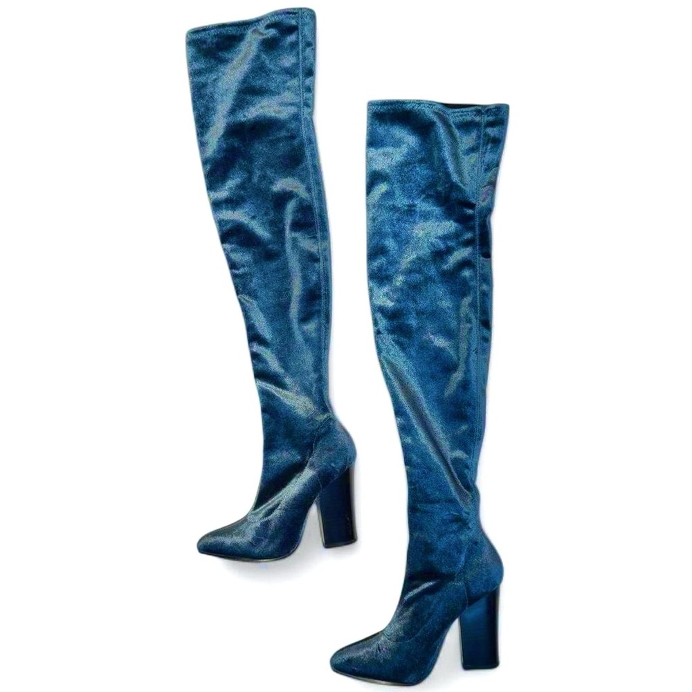 Blue velvet stretchy over the knee sock boots with pointed almond toe